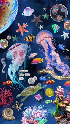 an underwater scene with jellyfish, starfish and other marine life in the water