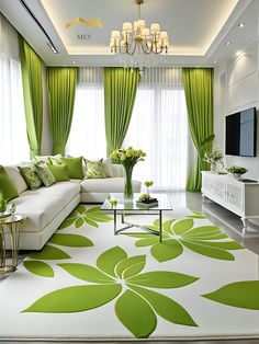 the living room is decorated in green and white colors with flowers on the rugs