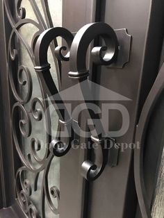 an iron gate with decorative designs on the front and side doors, which are black