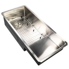 a stainless steel kitchen sink with grids on the bottom and drainer in the middle