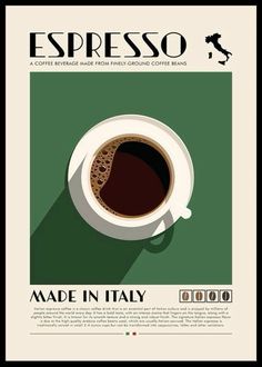 a cup of coffee with the words made in italy on it, and an image of a