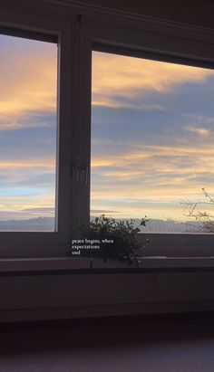 a window with a plant sitting in it next to a window sill that has a view of the sky outside