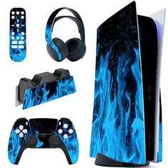 an image of a video game console and controller set with blue flames on the side