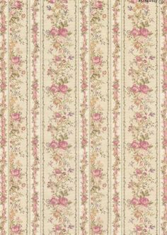 an old fashioned wallpaper with pink flowers and stripes on the bottom half of it