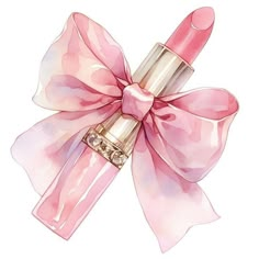 a pink lipstick with a bow on the top and bottom, in watercolors