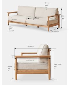 a couch and chair with measurements for each seat