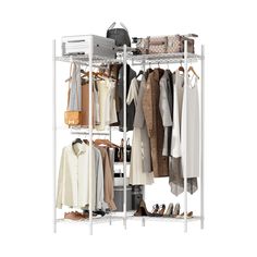 a white closet with clothes and shoes on it