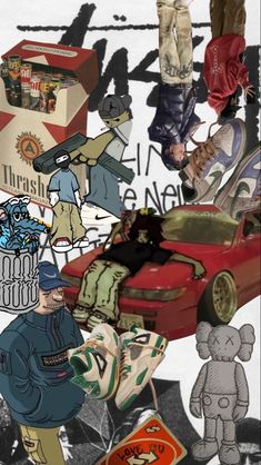 a collage of various items that include shoes, clothing, and other things in the image