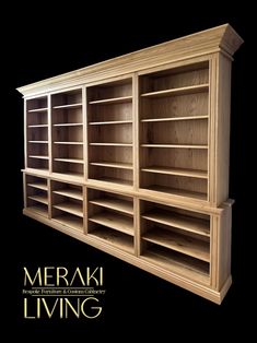 a large wooden bookcase with several shelves on it's sides and the words merak living written below