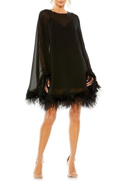 Choose a feathery chiffon frock and let everyone know you understand that formal is supposed to be fun. 34 1/2" length Jewel neck Long sleeves Slip lining 100% polyester Spot clean Imported Asian Owned/Founded Mac Duggal, Black Mac, Vestidos Color Coral, Tailoring Details, Chiffon Cocktail Dress, Unique Prom Dresses, Feather Trim, Trapeze Dress, Chiffon Long Sleeve