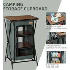 the camping storage cupboard is shown with instructions