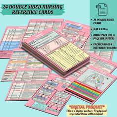 a pink and blue poster with the words double sided nursing reference cards on top of it