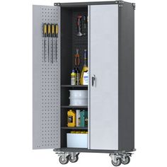 a metal storage cabinet with tools on wheels