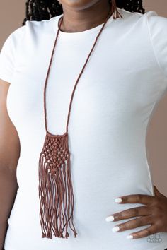 Paparazzi Macrame Mantra Brown Necklace & Earring Set Paparazzi Jewelry Brown Necklaces, Lighter Leash, Macrame Fashion, Paparazzi Jewelry Images, Mantra Necklace, Adjustable Sliding Knot, Brown Macrame, Macrame Colar, Macrame Necklaces