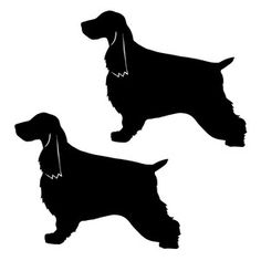 two black silhouettes of dogs with collars and leashes, one is standing