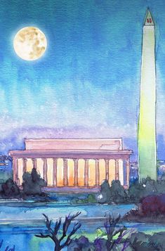 a painting of the lincoln memorial in washington d c at night with full moon behind it