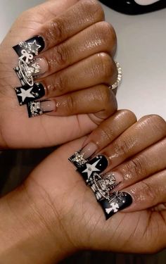 #backtoschooloutfits #backtoschoolnails Black Nails Baddie Aesthetic, Black Junk Nails Duck, Silver Junk Nails, All Black Nail Designs, Black Inspo Nails, Black Freestyle Nails, Rockstar Nails Acrylic, Black Nail Inspo Acrylic, Black Junk Nails