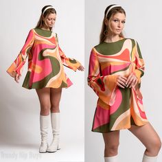 Step into the enchanting world of 70s Dress Style with our Bell Sleeve Dress, a captivating piece that encapsulates the spirit of the groovy era. This 60s 70s mini dress is a Boho Dress with a distinctive Bohemian touch, perfect for those seeking a Hippie Dress that exudes both charm and style. The Multicolor Tent Dress features a groovy pattern print inspired by the psychedelic aesthetics of the 70s, creating a visually striking and unique look. This slip-on dress is designed for ease and comfo 70s Dress Style, Groovy Outfits, 70s Style Dress, 60s Outfit, 70s Mini Dress, Groovy Pattern, 70s Fashion Dresses, 70 Outfits, Retro Inspired Dress