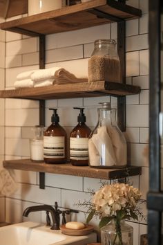 the bathroom is clean and ready to be used as a storage area for personal care items