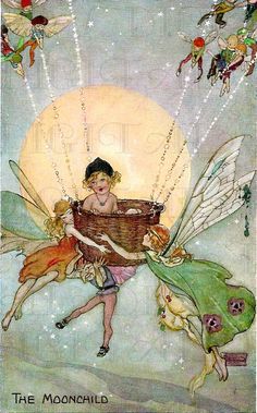 a painting of a boy riding on the back of a tinkerbell fairy with two elves