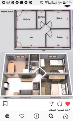 the floor plan for an apartment with two separate rooms and one bedroom on each side