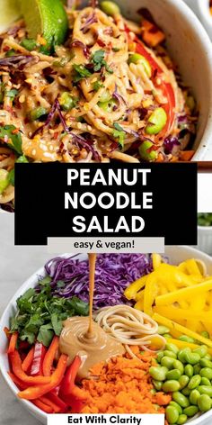 a bowl filled with noodles, carrots and other veggies next to the words peanut noodle salad