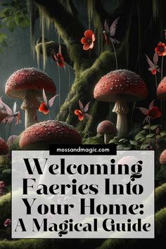 mushrooms in the forest with text overlay that reads, welcome faeries into your home a magician's guide