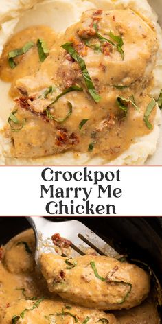 crockpot mary me chicken with gravy on top and mashed potatoes