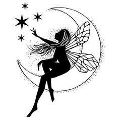 a black and white silhouette of a fairy sitting on the moon with stars around her