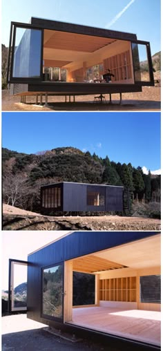 three different views of the inside and outside of a house in the mountains, with one showing