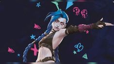 a woman with blue hair pointing at something