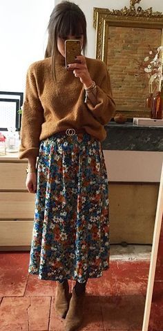 Fall Garden Outfit, Long Skirt And Sweater Outfit Fall, Fall Outfit Colorful, How To Pick Out An Outfit, Layer Skirt Outfit, Office Boho Outfit, Boho Professional Style Work Wear, Classy European Outfits, Scotland Outfit Ideas