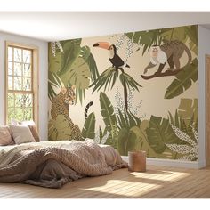 a bedroom with a wallpaper that has animals and plants on it