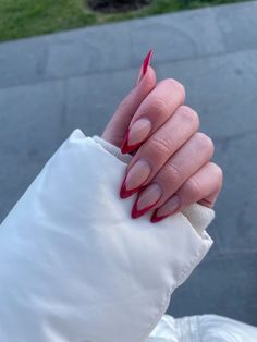 Red Style Nails, Red Nails With Tips, Red Pointy French Tip Nails, Red Nail Art Almond Shape, V French Almond Nails, Almond Nails With Red Tips, Red French Tip Nails Almond Valentines, Red French Nails Coffin, Cherry Red French Tip Nails Almond