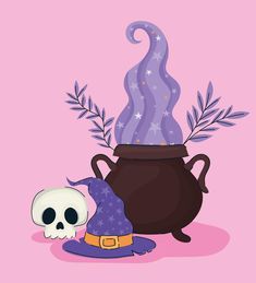 a pot and a skull are sitting next to each other on a pink background with stars