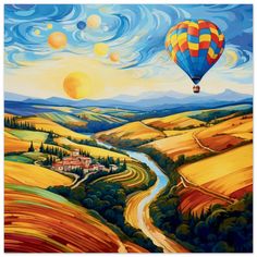 an oil painting of a hot air balloon flying over a rural landscape with trees and fields