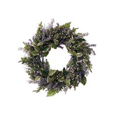 a wreath with purple flowers and green leaves