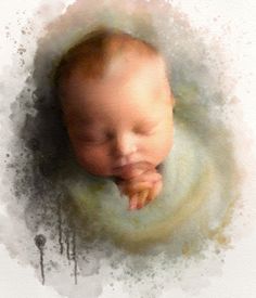 a watercolor painting of a baby's head with its hands on his chest