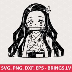 an anime character with long hair wearing a black and white outfit, the words svg png dxf eps - brings