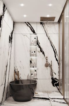 a bathroom with marble walls and flooring in black and white colors, including a bathtub