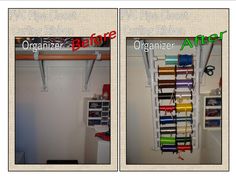 two pictures showing the before and after of organizing an organized closet with crafting supplies