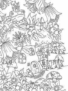 a black and white drawing of a house in the woods with lots of flowers on it