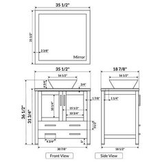 the measurements for a bathroom sink and vanity with drawers, including two doors and one drawer