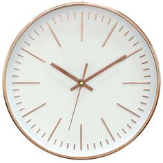 a white and gold clock with brown hands on a white background, showing the time