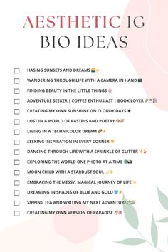 Printable List Of Aesthetic Instagram Bio Ideas Unique Bio For Instagram, Aesthetic Instagram Bio, Aesthetic Names For Instagram, Aesthetic Bio, Insta Bio Quotes, Personal Bio, Instagram Bio Ideas, Clever Captions, Clever Captions For Instagram