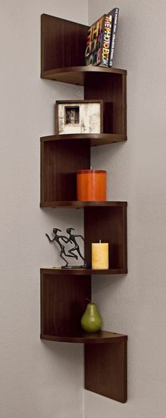 the corner shelf is made out of wood