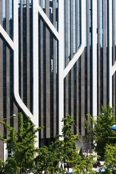 an office building with many windows and trees in the foreground