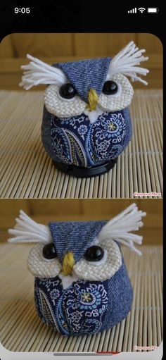 two pictures of an owl made out of fabric