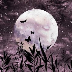 the full moon is in the sky above some plants and grass with bats flying over it