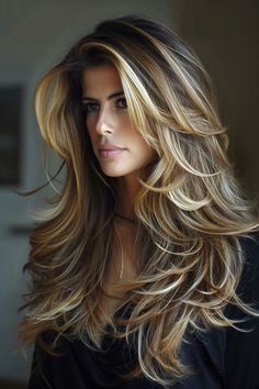 Long Layered Hair Round Face, Celebrity Long Layered Hair, Women’s Long Layered Haircuts, Haircuts For Long Thick Hair, Super Long Blonde Hair With Layers, Women’s Long Hair Shag, Long Blonde Hair 2024, Haircut Balayage, Balayage Haircolor